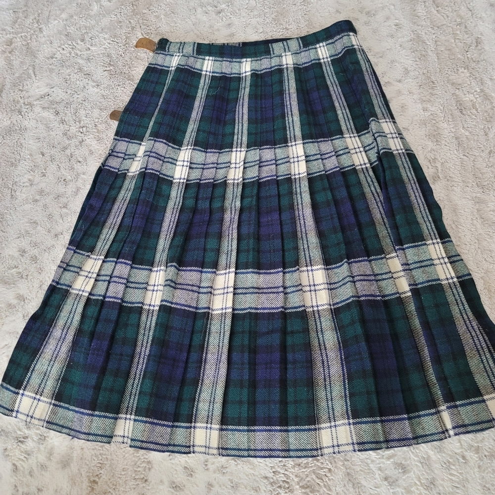 Mosbrook vintage pure wool skirt green tartin plaid Green Navy White - Picture 6 of 8